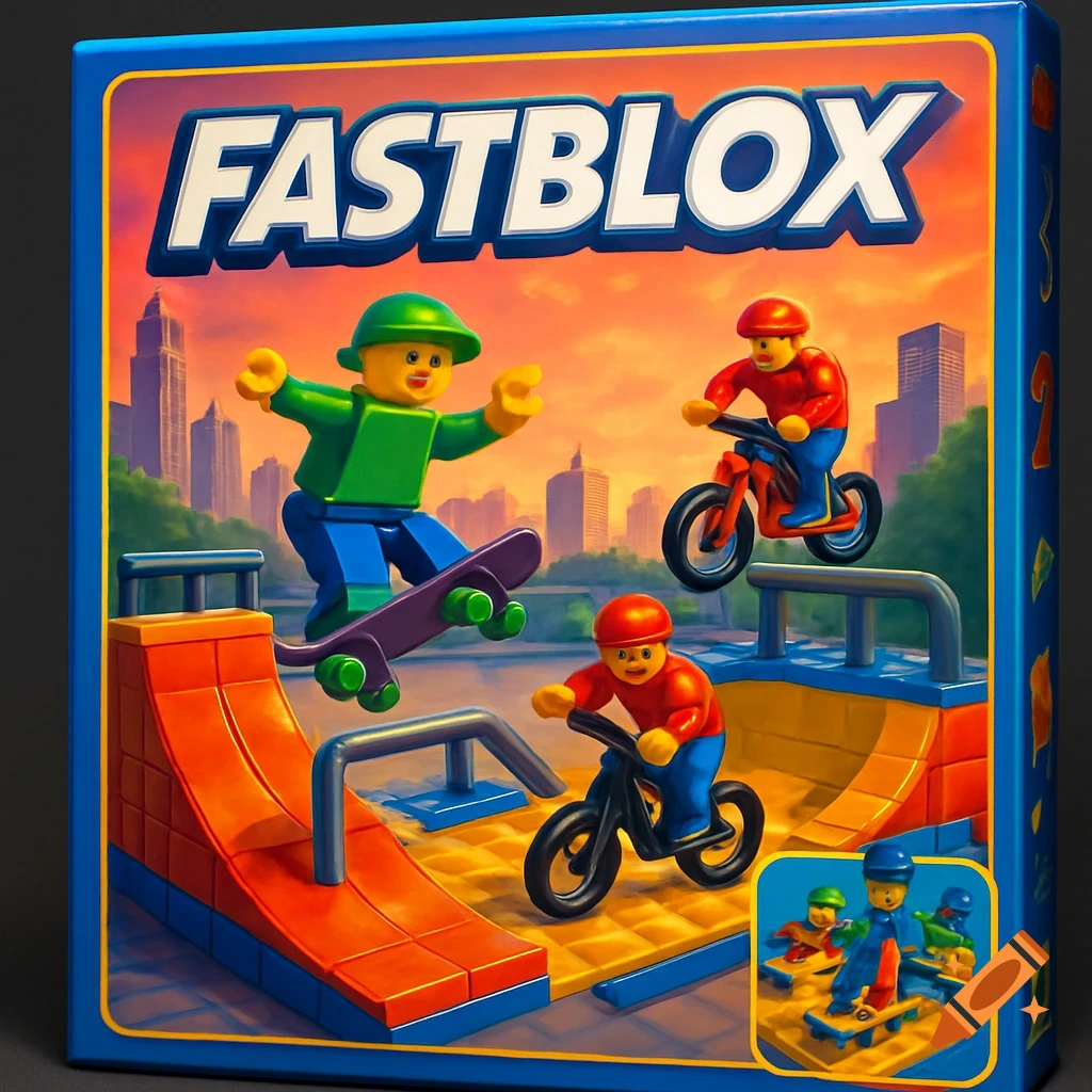 A blue board game box for 'FASTBLOX' featuring Lego-style figures skateboarding and riding BMX bikes on a colorful ramp park with a city skyline at sunset.