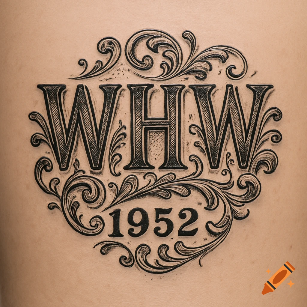 Detailed black and white tattoo with initials WHW and year 1952 surrounded by ornate scrollwork on skin.