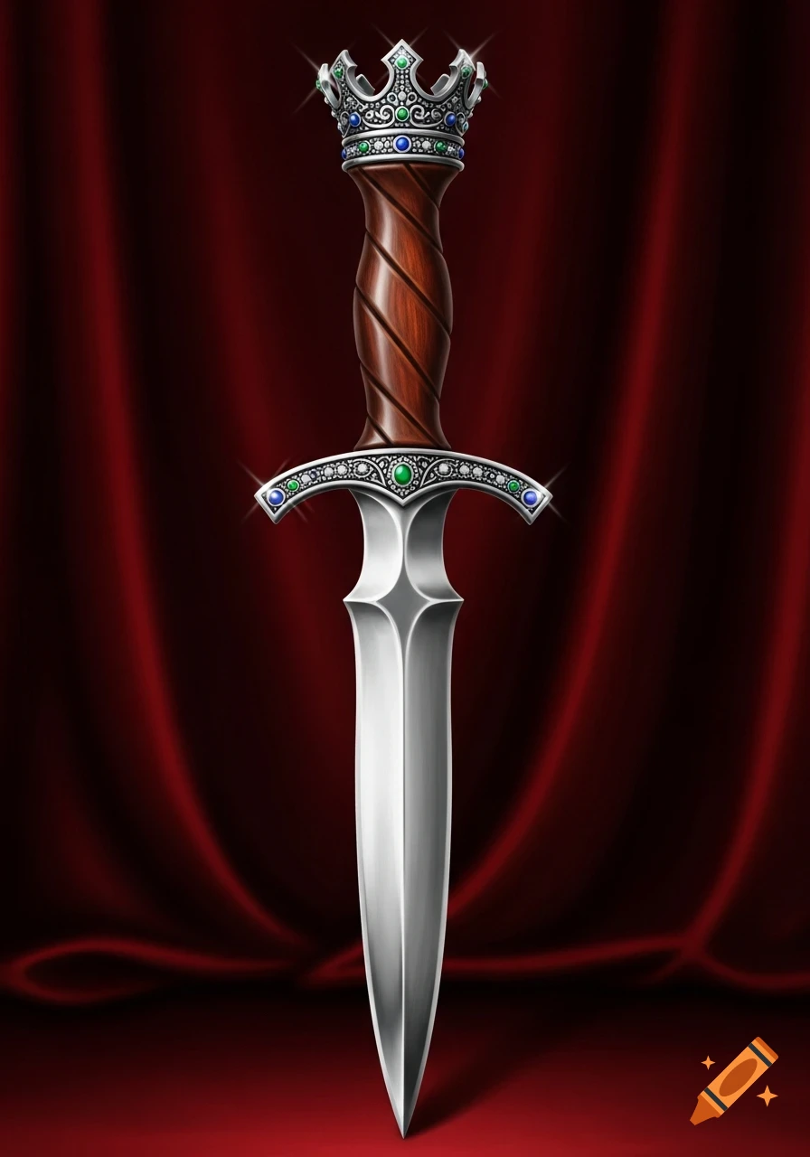 A realistic drawing of an ornate dagger with a brown wooden handle and a silver king's crown, against a red velvet background.