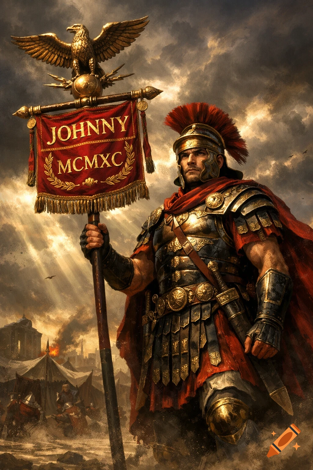 A Roman warrior in golden armor and red cape holds a standard with an eagle finial and the text 'JOHNNY MCMXC' under dramatic skies.