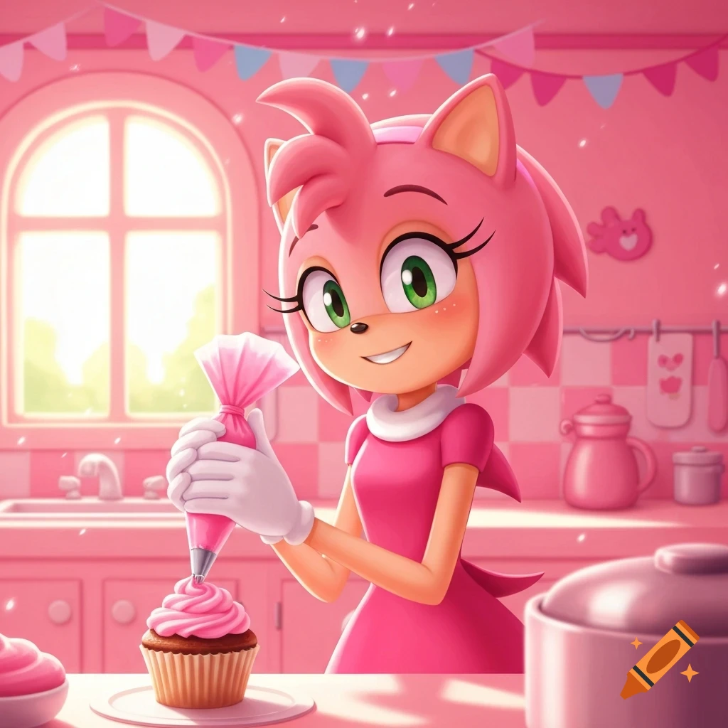 Amy Rose in a pink dress, smiling while frosting a cupcake with a pink piping bag in a pink cartoon kitchen.