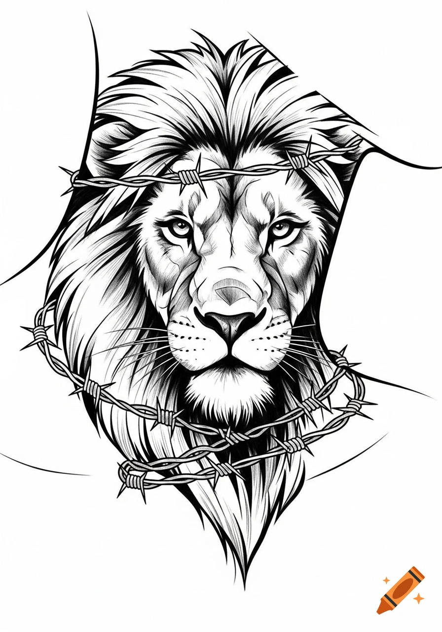 Black and white sketch of a lion's head with a barbed wire crown, bold line art style.