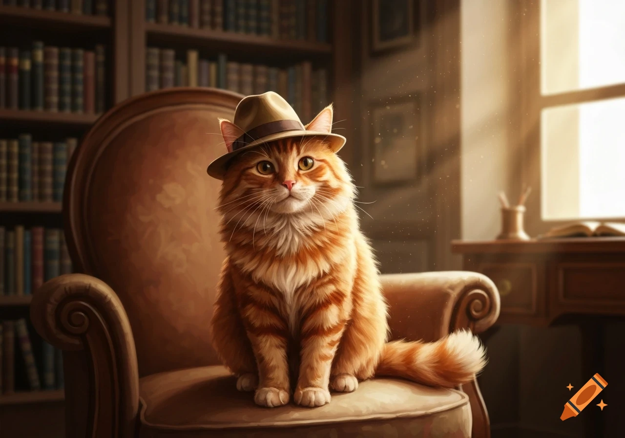 A fluffy orange tabby cat wearing a brown fedora sits on a plush armchair in a warm, sunlit library with bookshelves.