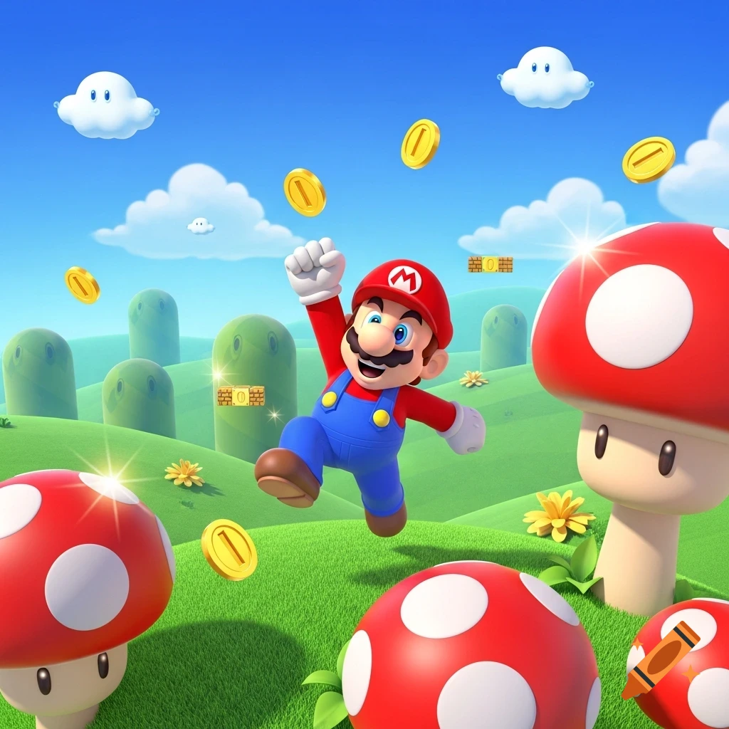 A vibrant 3D rendering of Mario jumping in a green, grassy field with red and white mushrooms, floating gold coins, and green pipes under a blue sky.