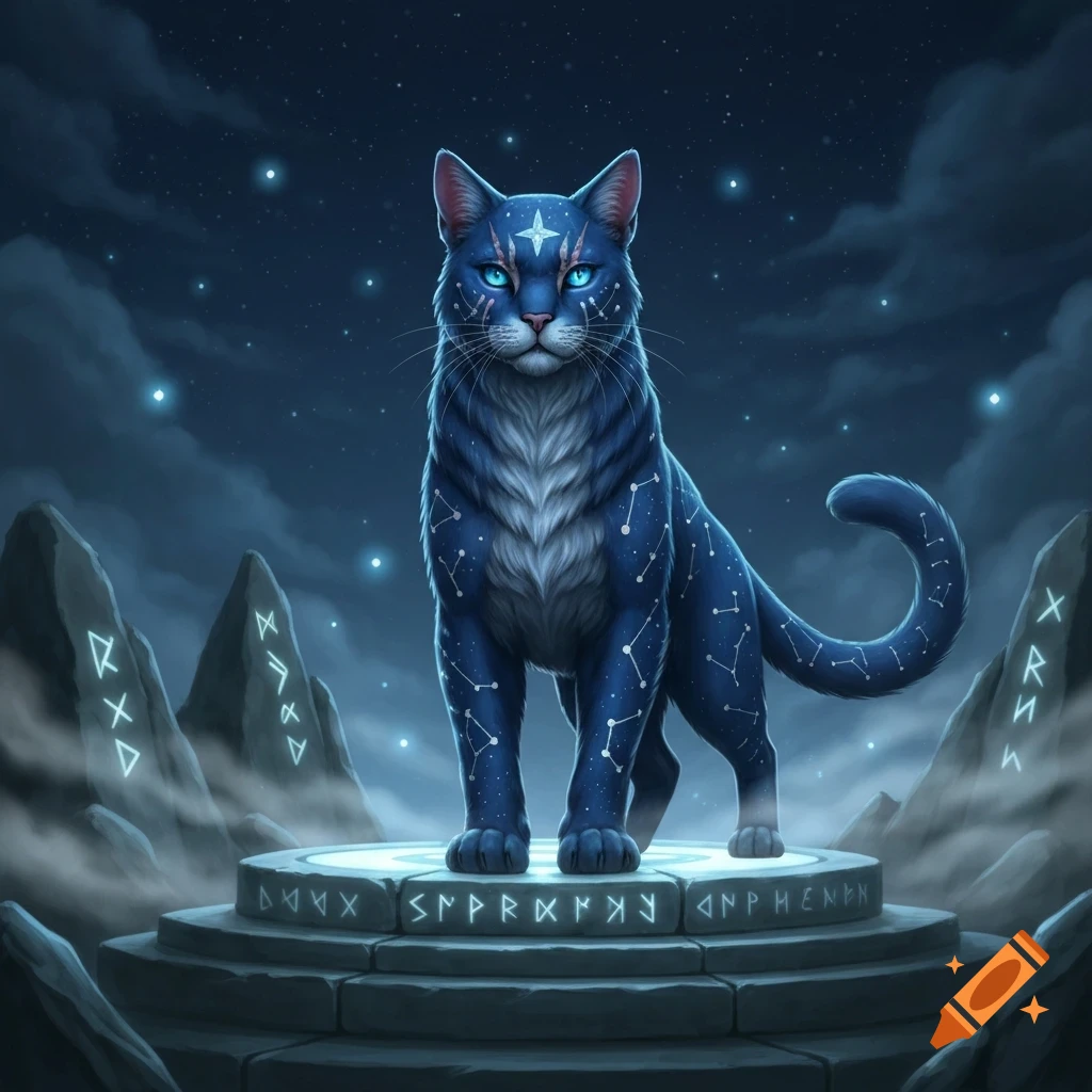 A majestic blue cat with glowing eyes and constellation patterns on its fur stands on a glowing runic pedestal under a starry night sky.