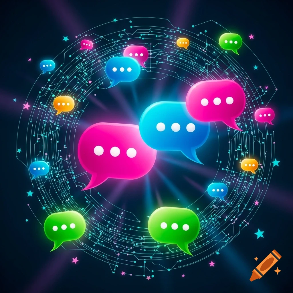 Vibrant, glowing 3D chat bubbles in pink, blue, green, and orange, surrounded by a swirling circuit pattern on a dark background.