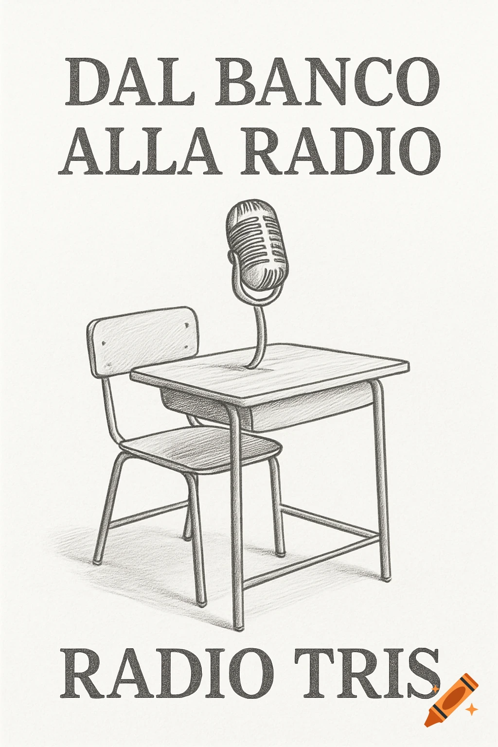 Pencil sketch of a school desk with a vintage microphone emerging, text 'DAL BANCO ALLA RADIO' and 'RADIO TRIS' on a white background.
