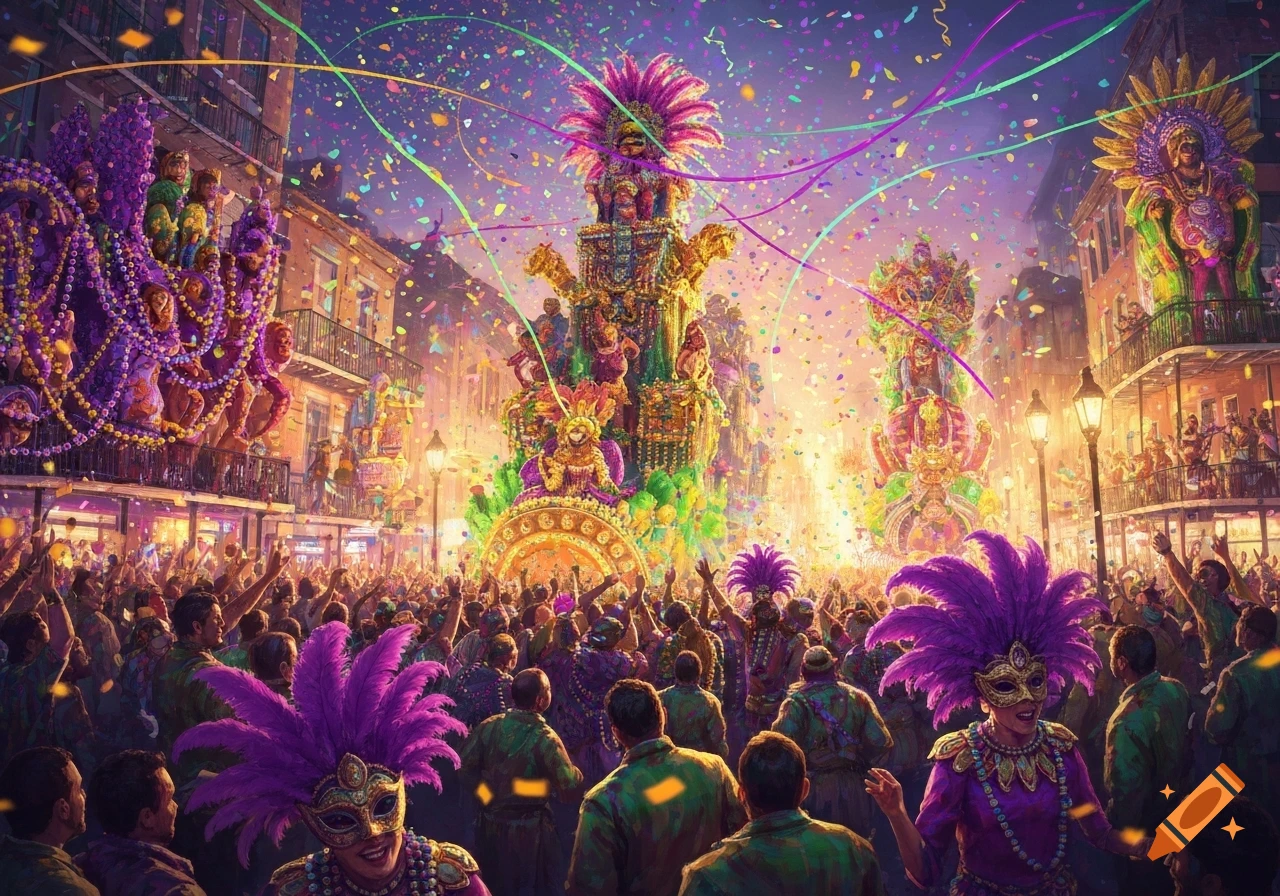 A vibrant Mardi Gras parade with illuminated floats, a festive crowd, colorful confetti, and masked revelers in a city street.
