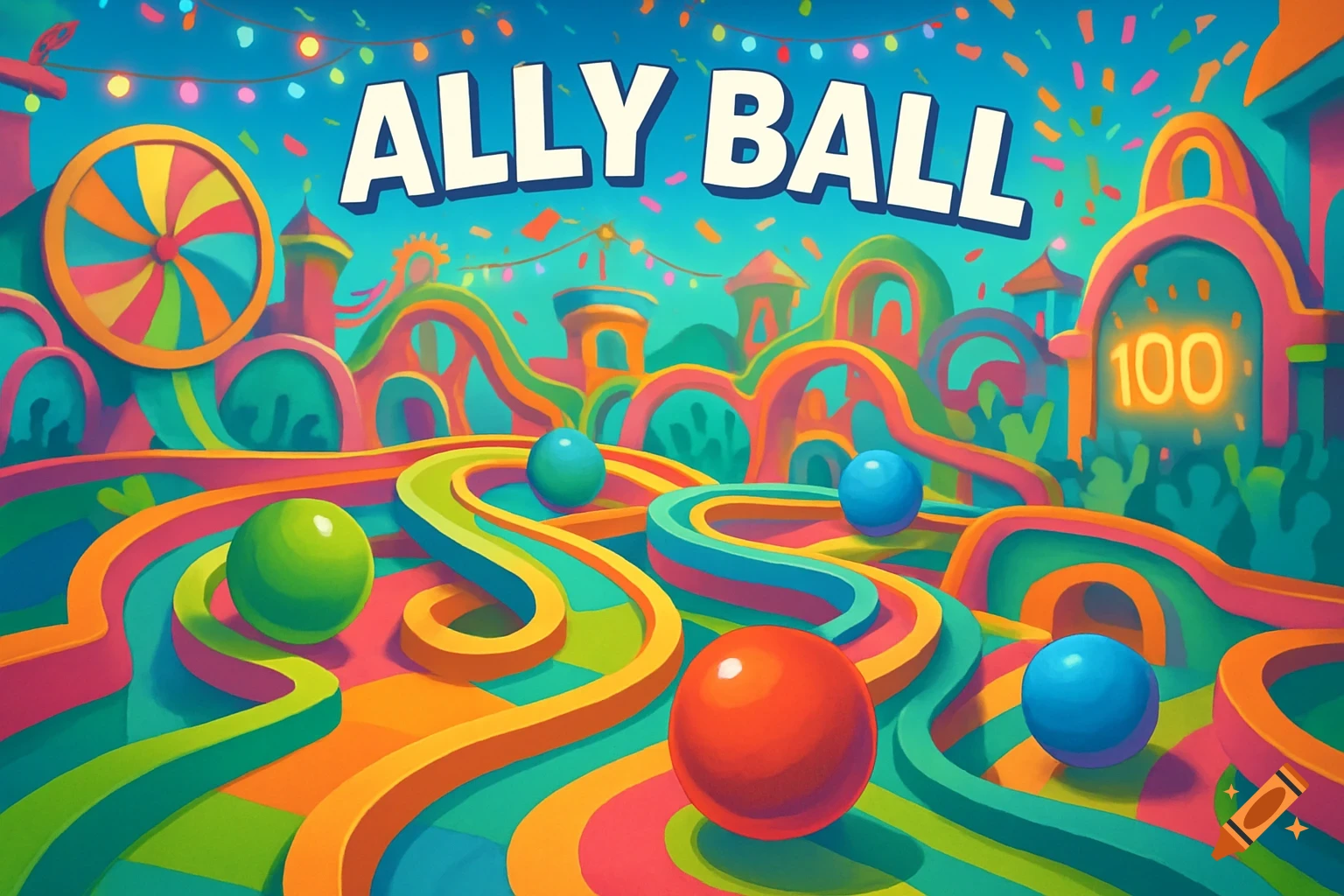 Colorful cartoon game background for Ally Ball with winding tracks, balls, and a score of 100.