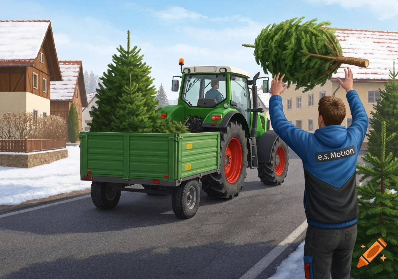 A man loads a Christmas tree onto a trailer pulled by a green tractor in a snowy village.