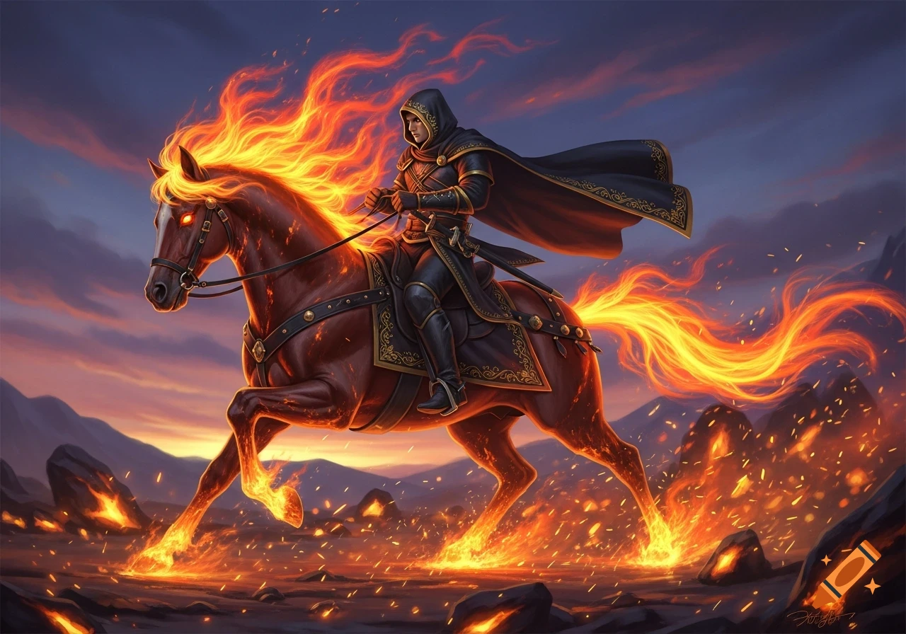 A hooded warrior in dark armor rides a majestic fiery horse through a desolate landscape at sunset, with embers scattered around.