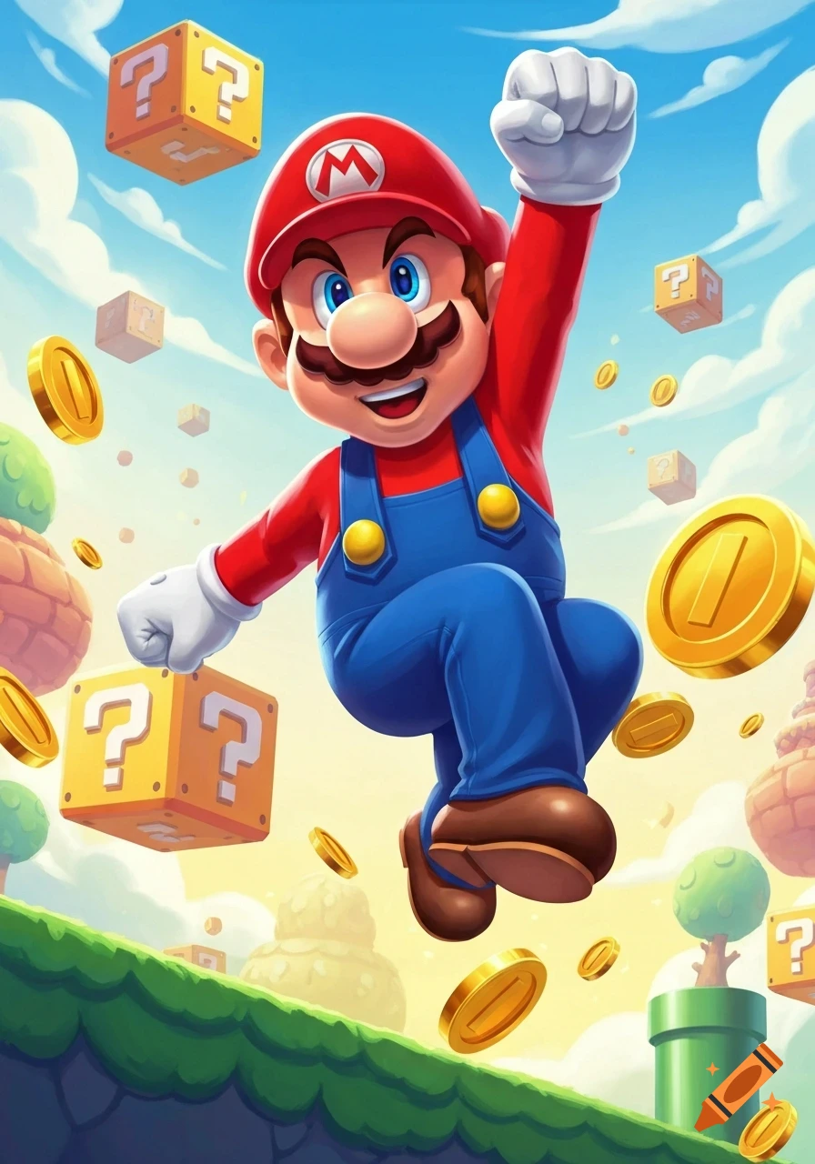 Mario leaps enthusiastically in a vibrant, cartoonish Super Mario Bros. world filled with golden coins and floating question blocks.