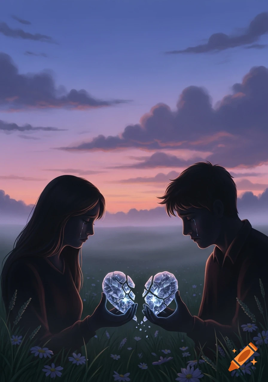 Silhouetted couple crying in a twilight field, holding glowing halves of a broken crystal heart, in an emotional art style.