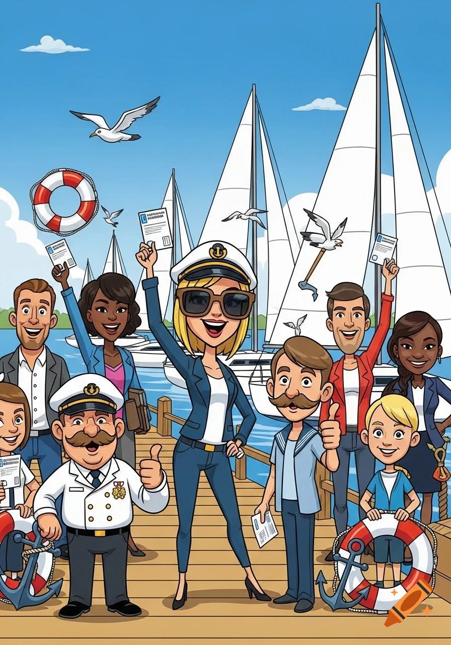 A vibrant cartoon illustration of diverse people, including a captain and children, celebrating on a dock with sailboats, holding up certificates.