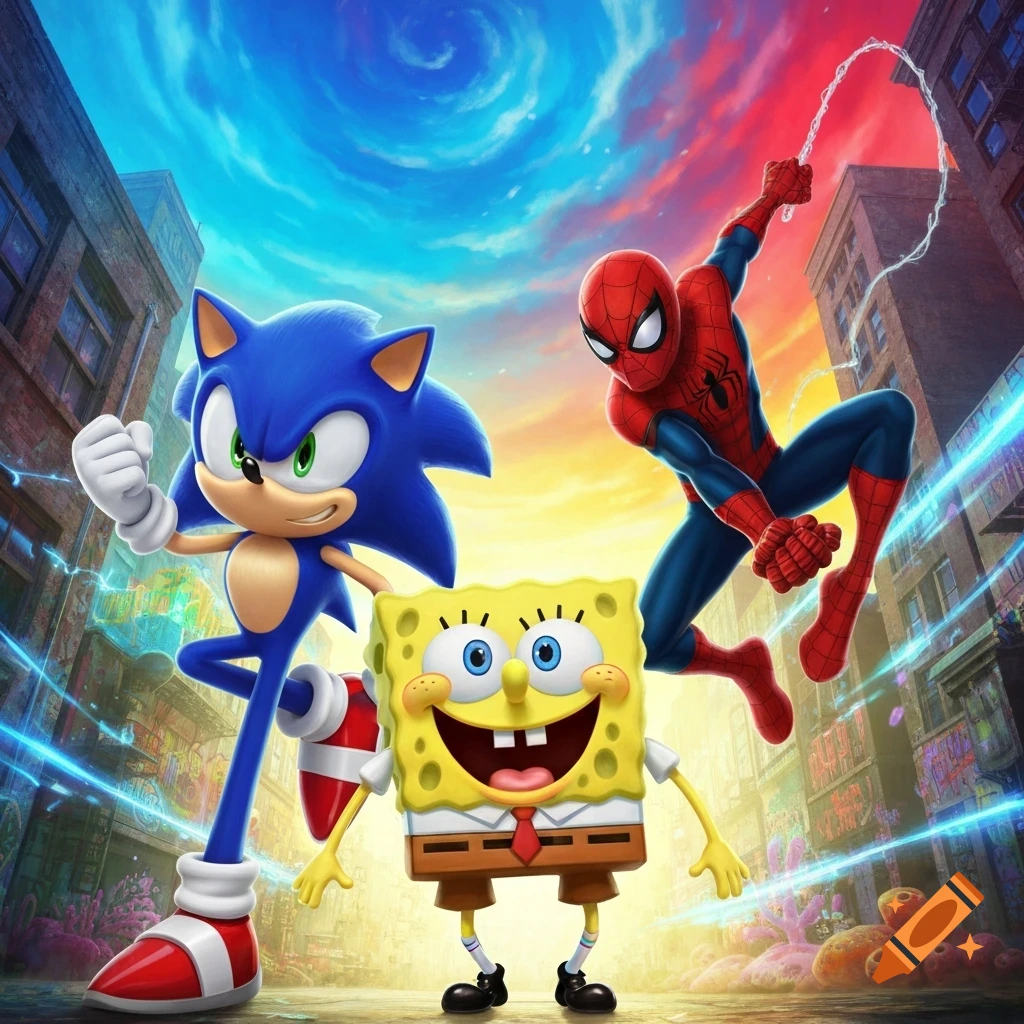Sonic, Spongebob, and Spider-Man stand together dynamically in a vibrant, stylized city street with colorful skies.