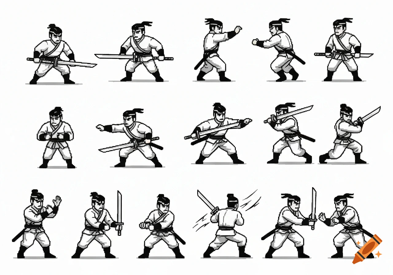 Monochrome pixel art sprite sheet depicting a swordsman in various dynamic martial arts poses, rendered in a 32x32 style.
