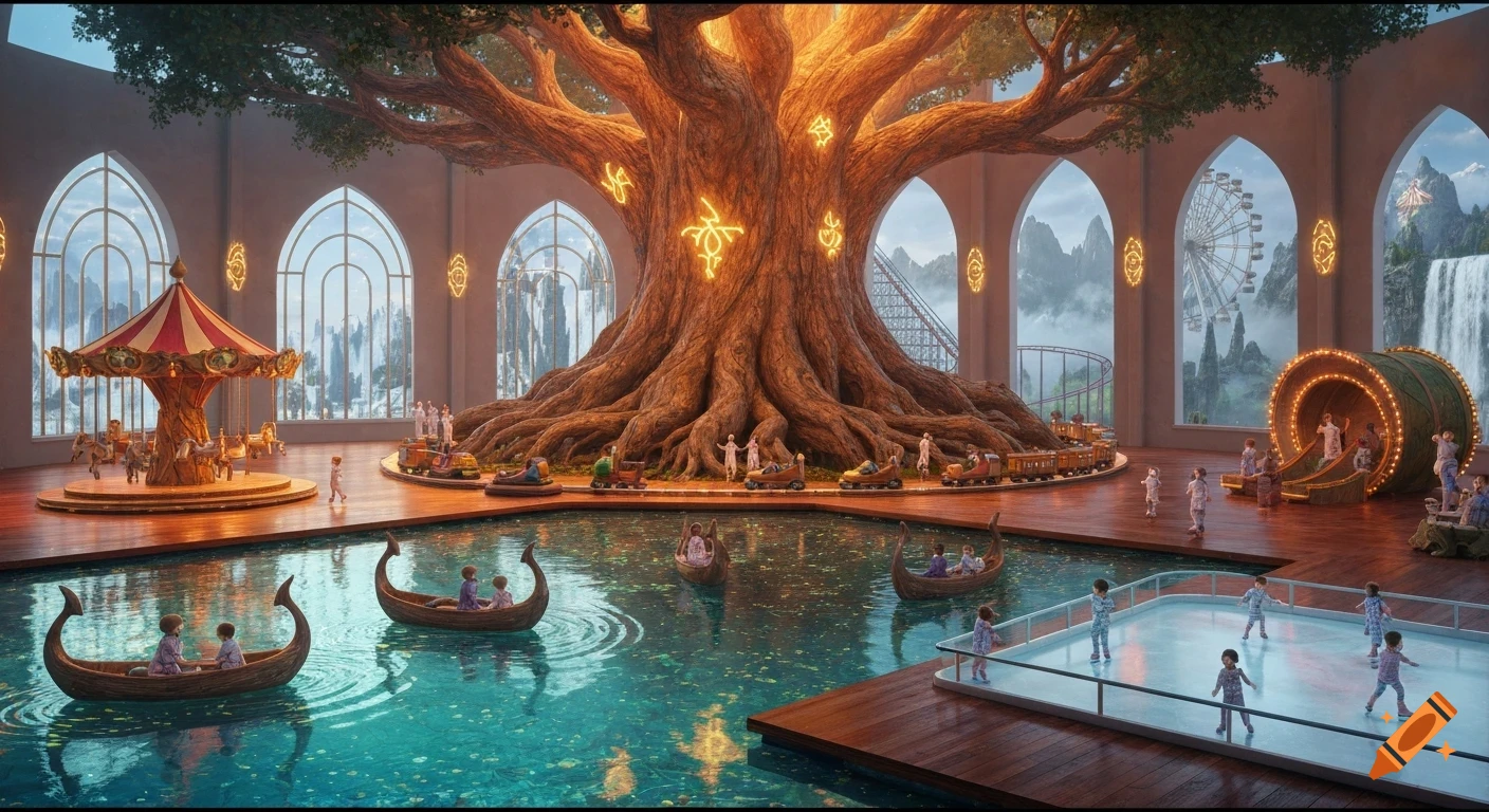 Photorealistic elven sanctuary with a colossal glowing tree, a shimmering lake with boats, and various carnival rides like a carousel, train, and ice rink with kids, all visible through arched windows showing a fantasy landscape.