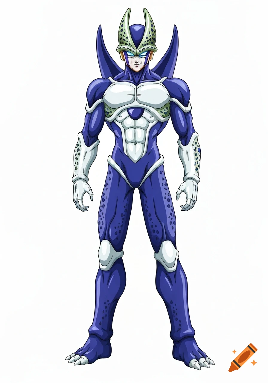 Anime-style full-body illustration of a humanoid character with a green head crest, blue eyes, and a deep blue and violet exoskeleton suit with white accents, standing upright.