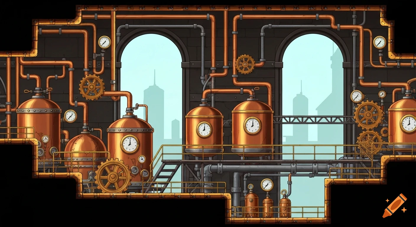 A detailed 2D side-scrolling steampunk laboratory midground with copper pipes, gears, pressure tanks, and gauges, featuring city silhouettes through arched windows.