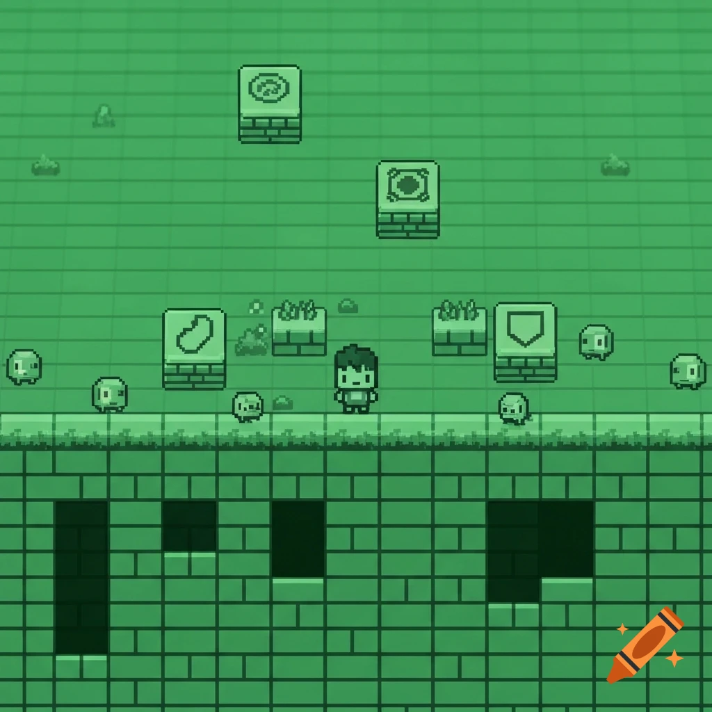 Monochrome green pixel art of a 2D platforming game level with a character, enemies, and floating blocks.