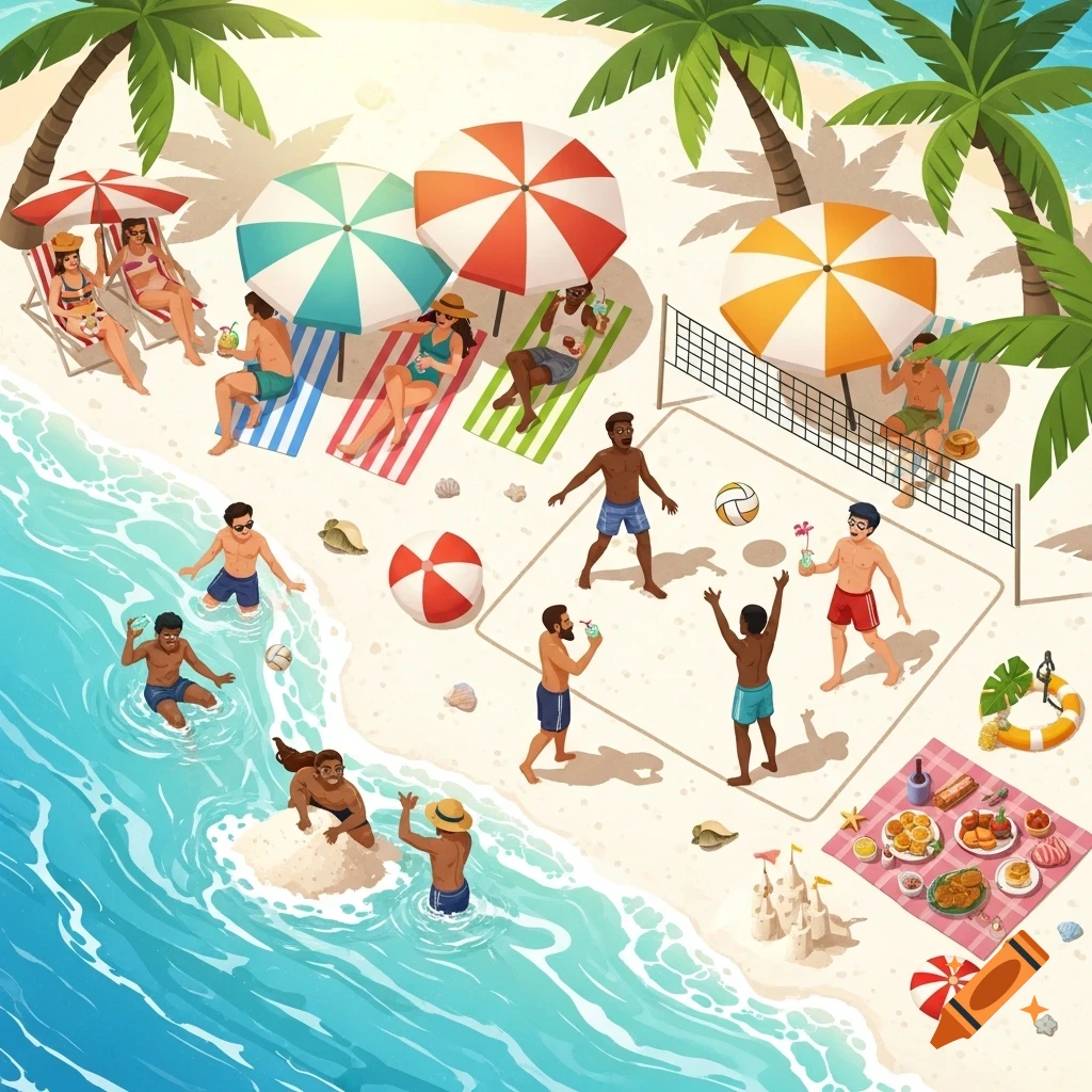 Isometric cartoon illustration of a lively beach scene with people swimming, sunbathing, playing volleyball, and having a picnic.