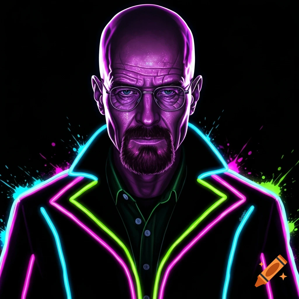 A neon purple-skinned Walter White with a beard and glasses wears a black coat outlined in glowing cyan, pink, and lime neon.