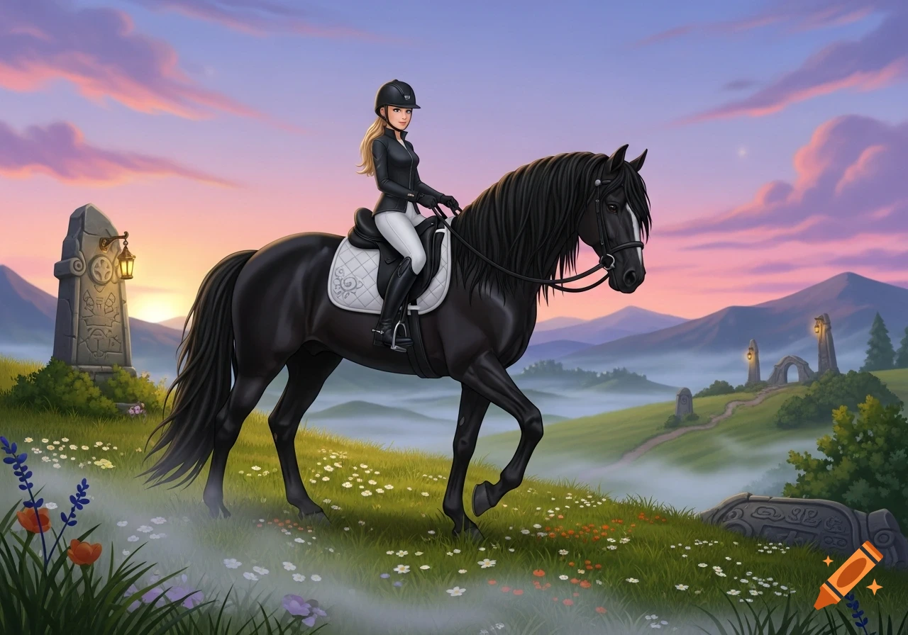 A girl rides a black horse on a grassy hill with ancient ruins and misty mountains at sunset, in a fantasy digital art style.