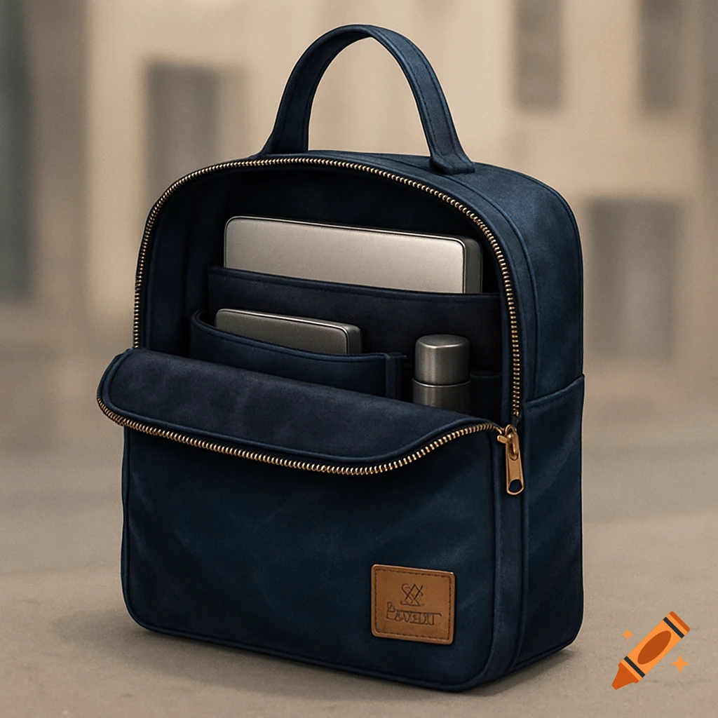 A navy blue waxed canvas bag with a zipper, open to show a laptop, a smaller device, and a silver bottle inside, featuring a brown leather brand tag.