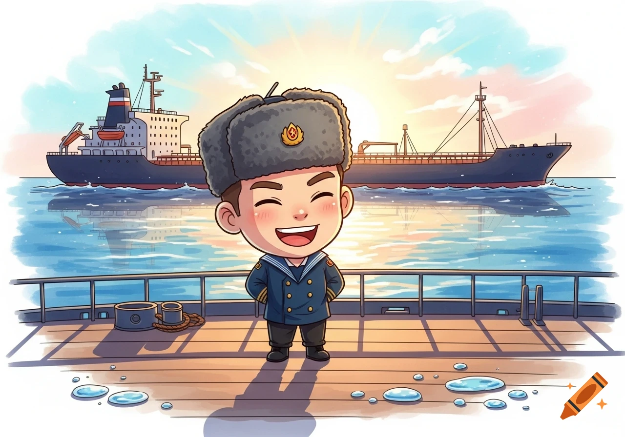 Chibi-style cartoon of a laughing sailor in a furry hat on a ship deck, with an oil tanker and sunset in the background.
