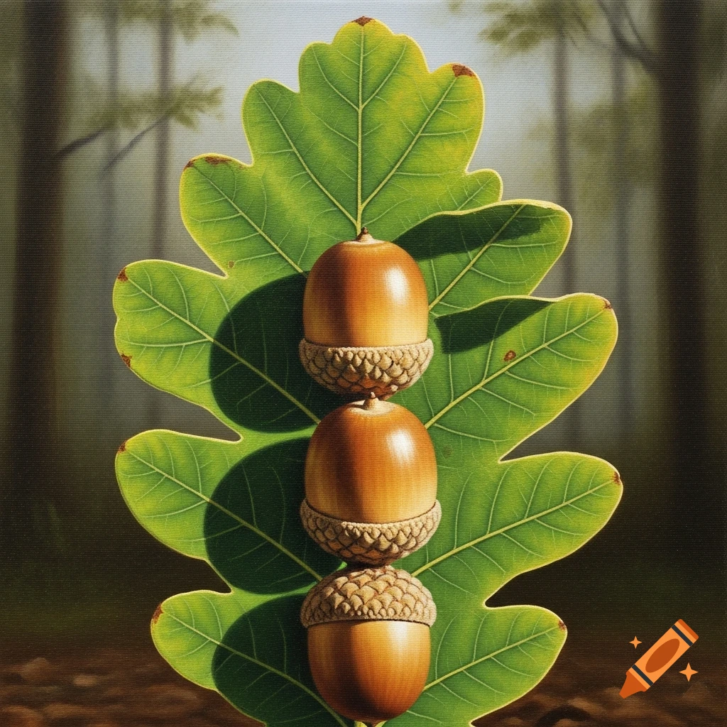 Three realistic acorns stacked vertically on a large green oak leaf against a blurry forest background.