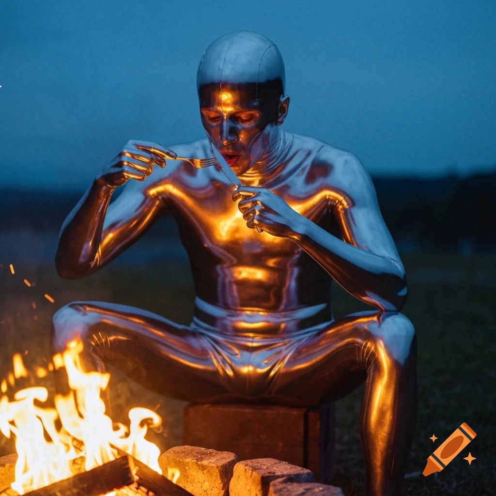 A shiny, bald metallic figure sits by a campfire, holding a fork and knife, with warm light reflecting off its body.