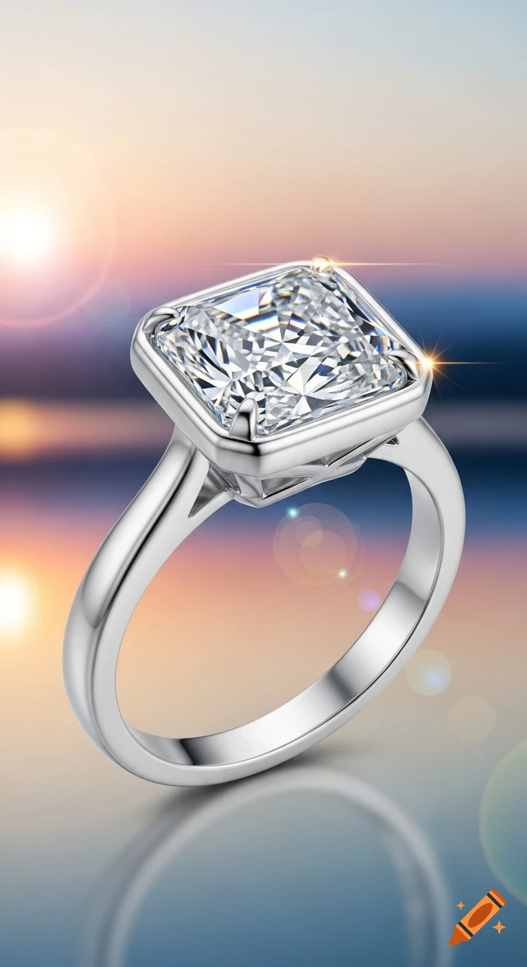 A white gold half-bezel radiant cut diamond ring sparkles against a dreamy sunset-like background with reflections.