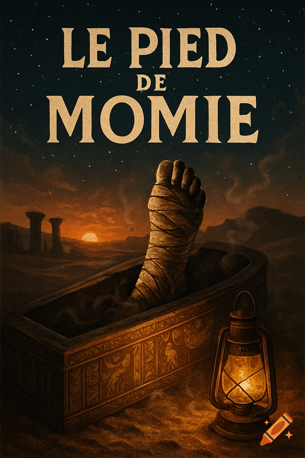Illustrated book cover 'LE PIED DE MOMIE' with a mummified foot in a sarcophagus in a desert at sunset, beside a glowing lantern.
