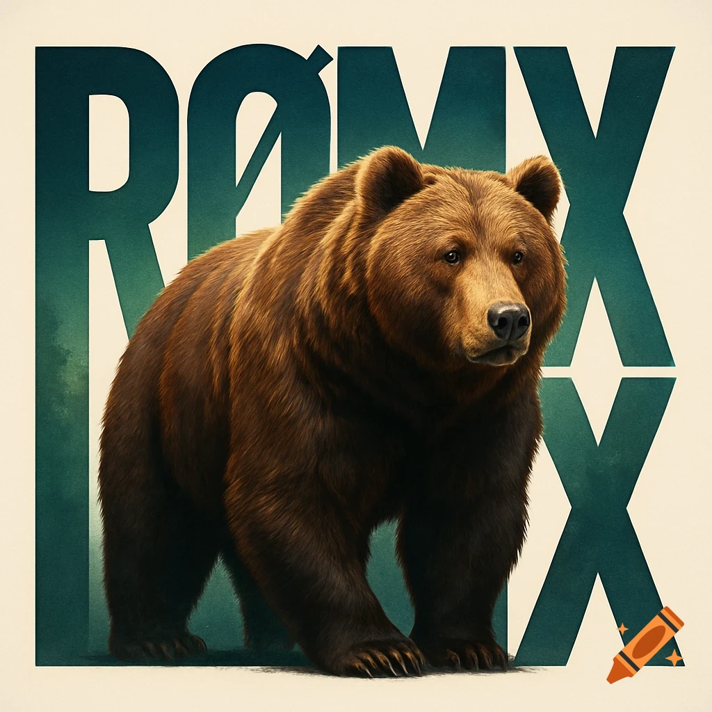 A realistic brown bear stands in front of large, teal letters spelling "RØMIX" on a cream background.