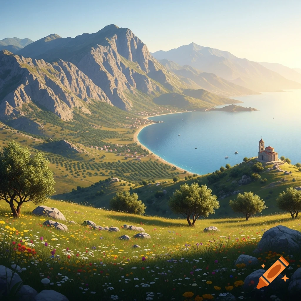 Sunny photorealistic landscape of a coastal village with a church on a hill, surrounded by mountains and a wildflower meadow.