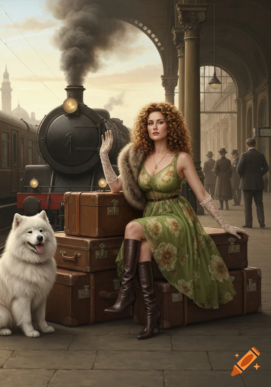 A curly-haired woman in a green floral dress and fur stole sits on stacked luggage with a white Samoyed dog at a train station, a steaming train behind them.