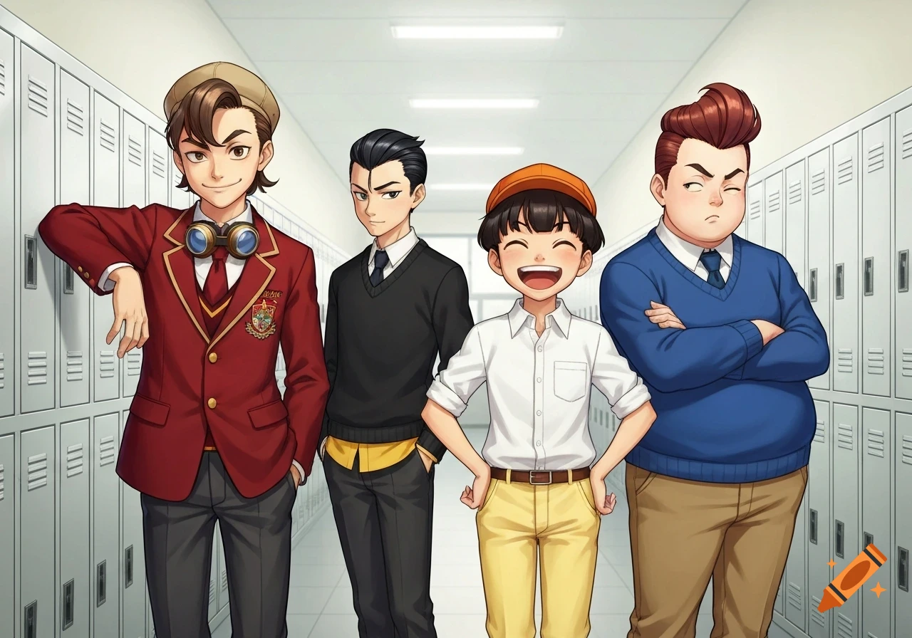 Four anime-style boys in school uniforms stand in a brightly lit locker-lined hallway, one leaning against the wall.