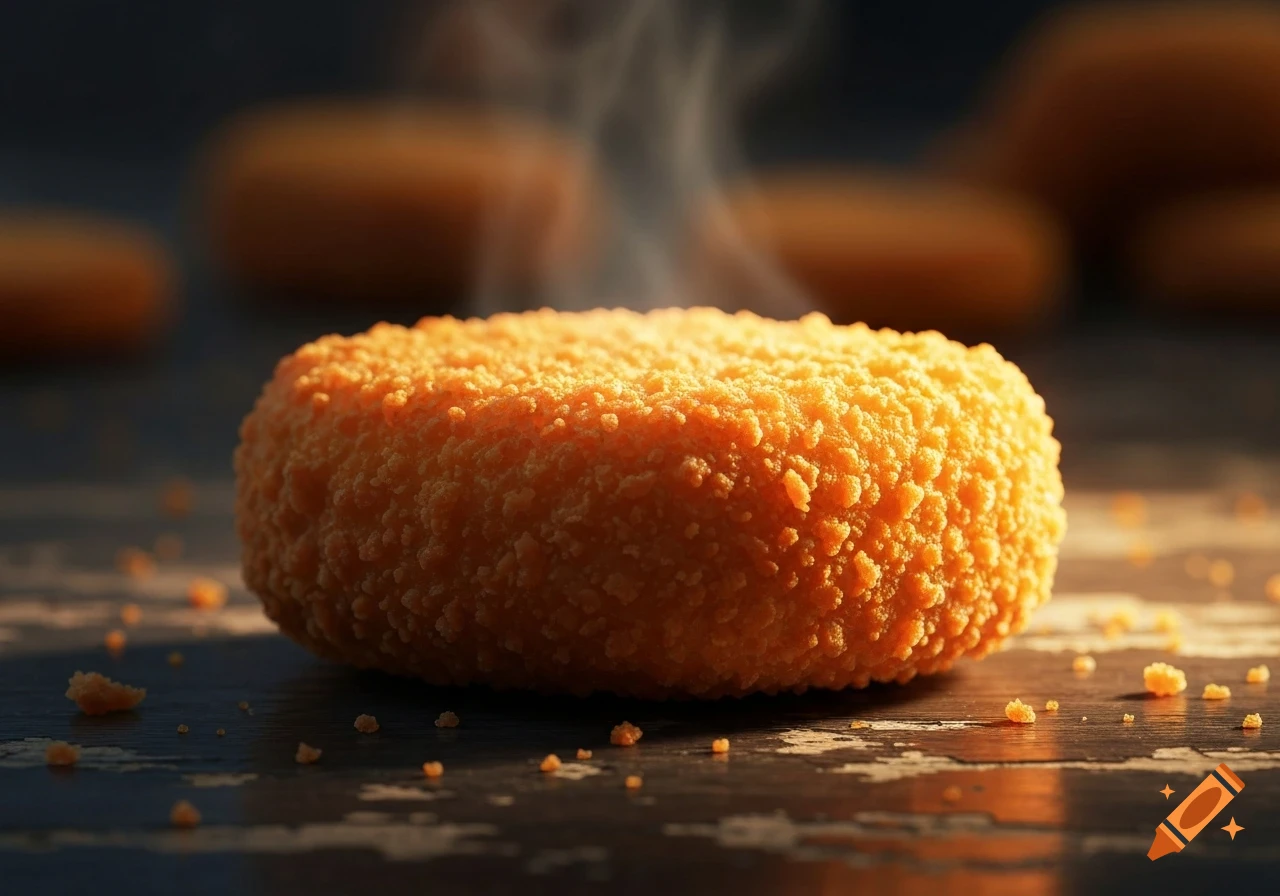 A close-up, photorealistic shot of a steaming, hot chicken nugget on a dark, rustic wooden surface with crumbs.