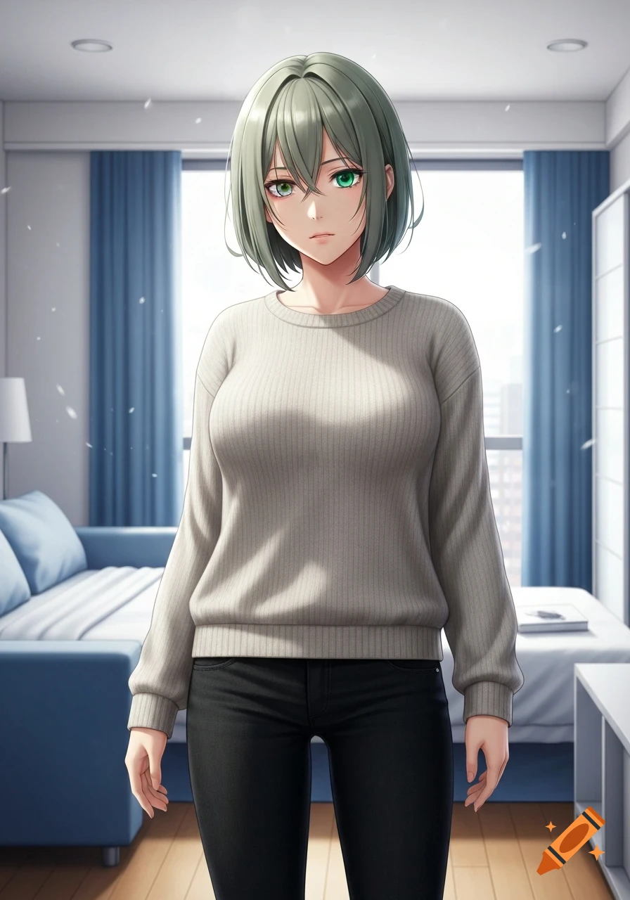 Anime-style woman with short green hair and heterochromia (green and purple eyes) in a grey sweater and black jeans stands in a bright room with blue and white furniture.