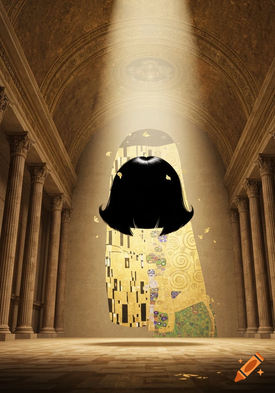 A stylized figure with a black bob haircut emerges from a golden, Klimt-esque painting in a grand, sunlit museum hall with classical columns.