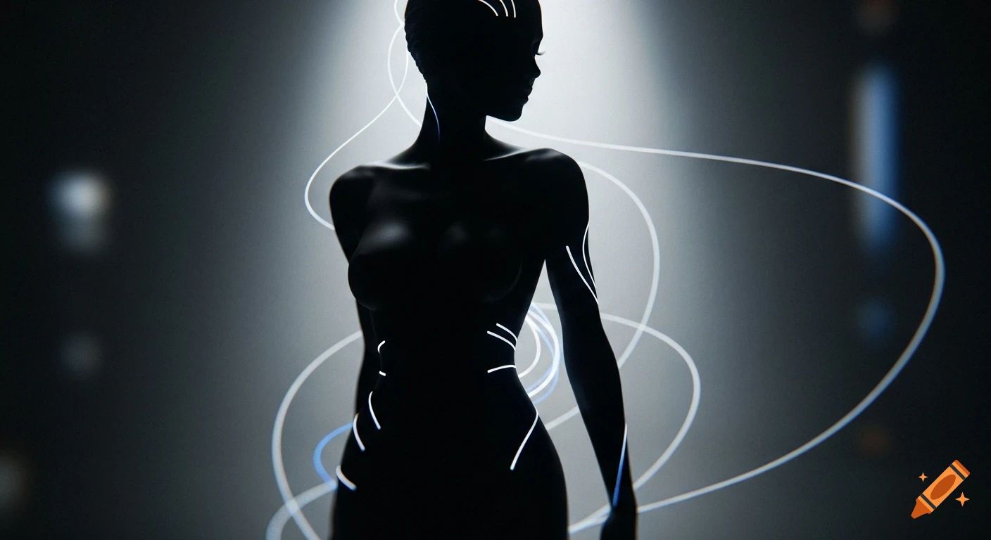 A dark silhouette of a female figure with glowing white and blue lines ...