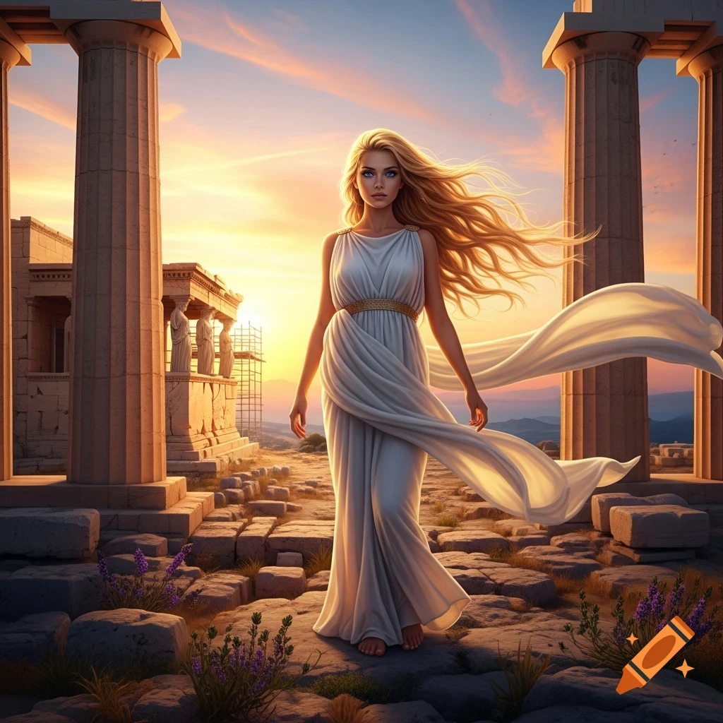 A blonde woman in a white flowing gown walks among ancient Greek ruins at sunset, photorealistic.