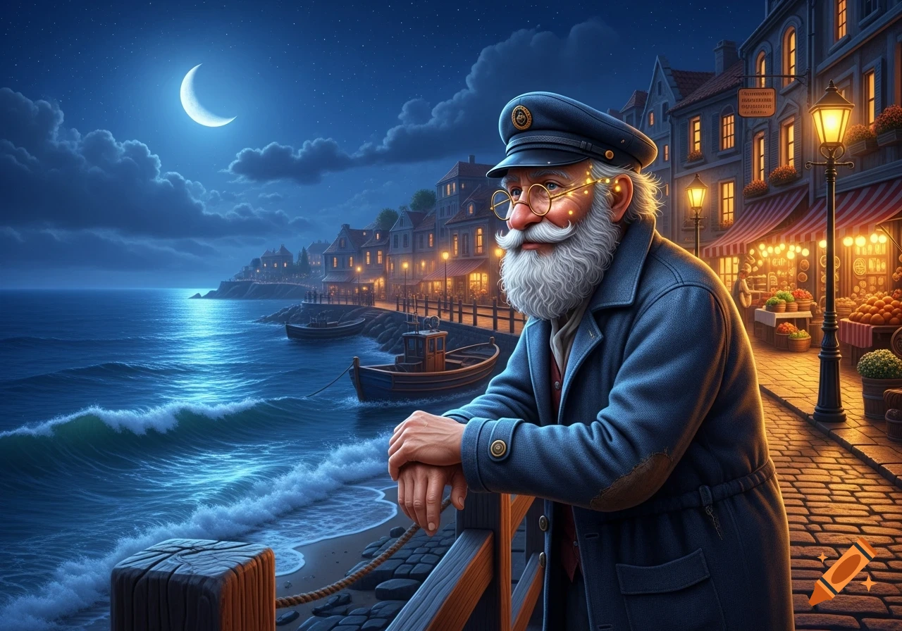 An old man with a white beard and glasses, wearing a captain's hat and blue coat, looks out over a moonlit ocean from a cobblestone promenade in a charming coastal town at night.