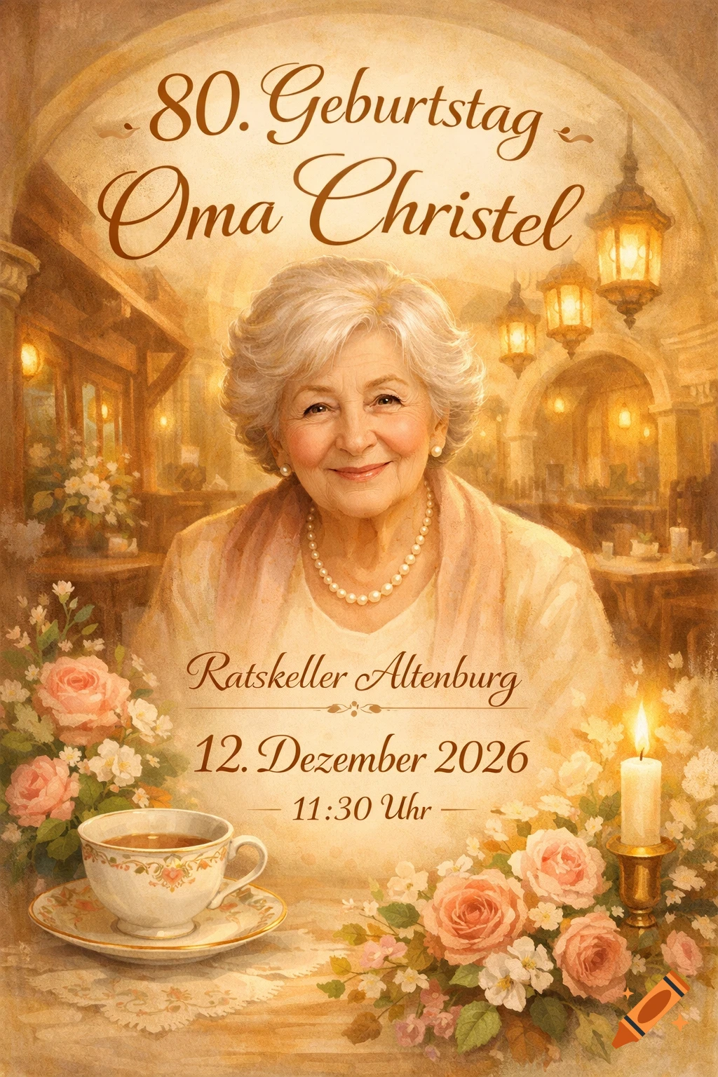 Vintage-style painting of a smiling elderly woman surrounded by roses, a teacup, and text for an 80th birthday invitation.