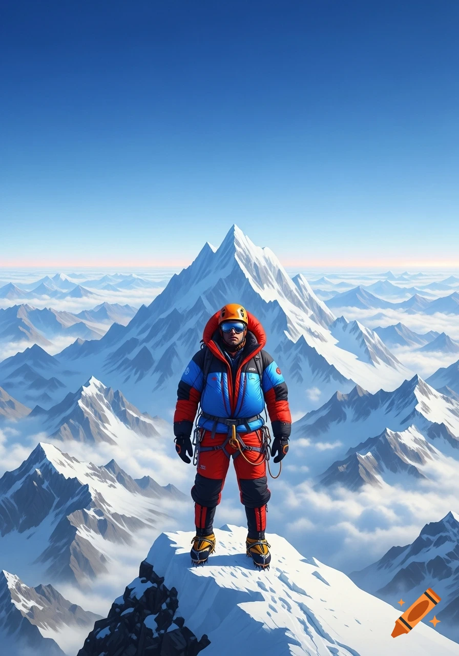 A mountaineer in colorful gear stands triumphantly on a snow-capped summit with a panoramic view of majestic peaks and clouds.