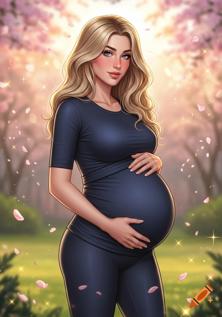 Anime-style portrait of a smiling pregnant woman with blonde hair, wearing a dark blue outfit, holding her belly in a park with pink blossoms.