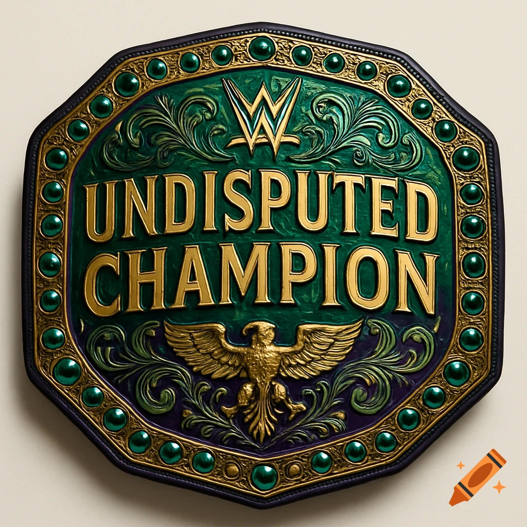 A detailed green and purple WWE Undisputed Champion belt front plate with gold lettering, the WWE logo, and a gold eagle emblem.