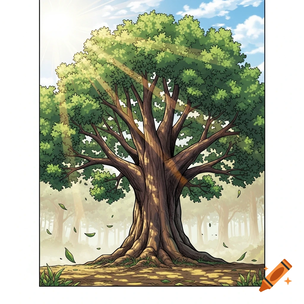 A large, old comic-style tree stands in a forest with sun rays shining through its green canopy.