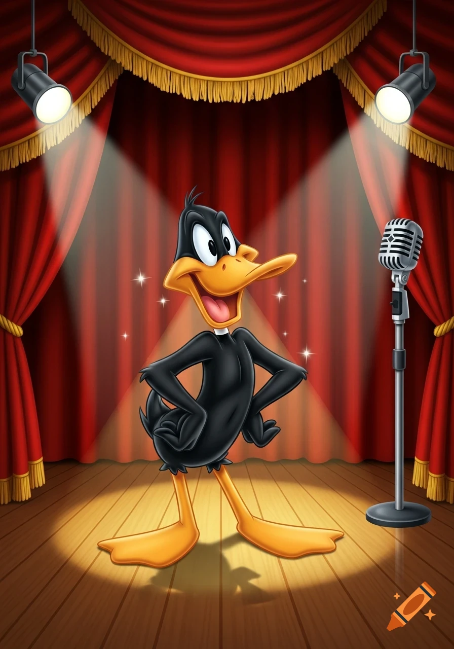 Cartoon illustration of Daffy Duck posing on a spotlighted stage with red curtains and a microphone.