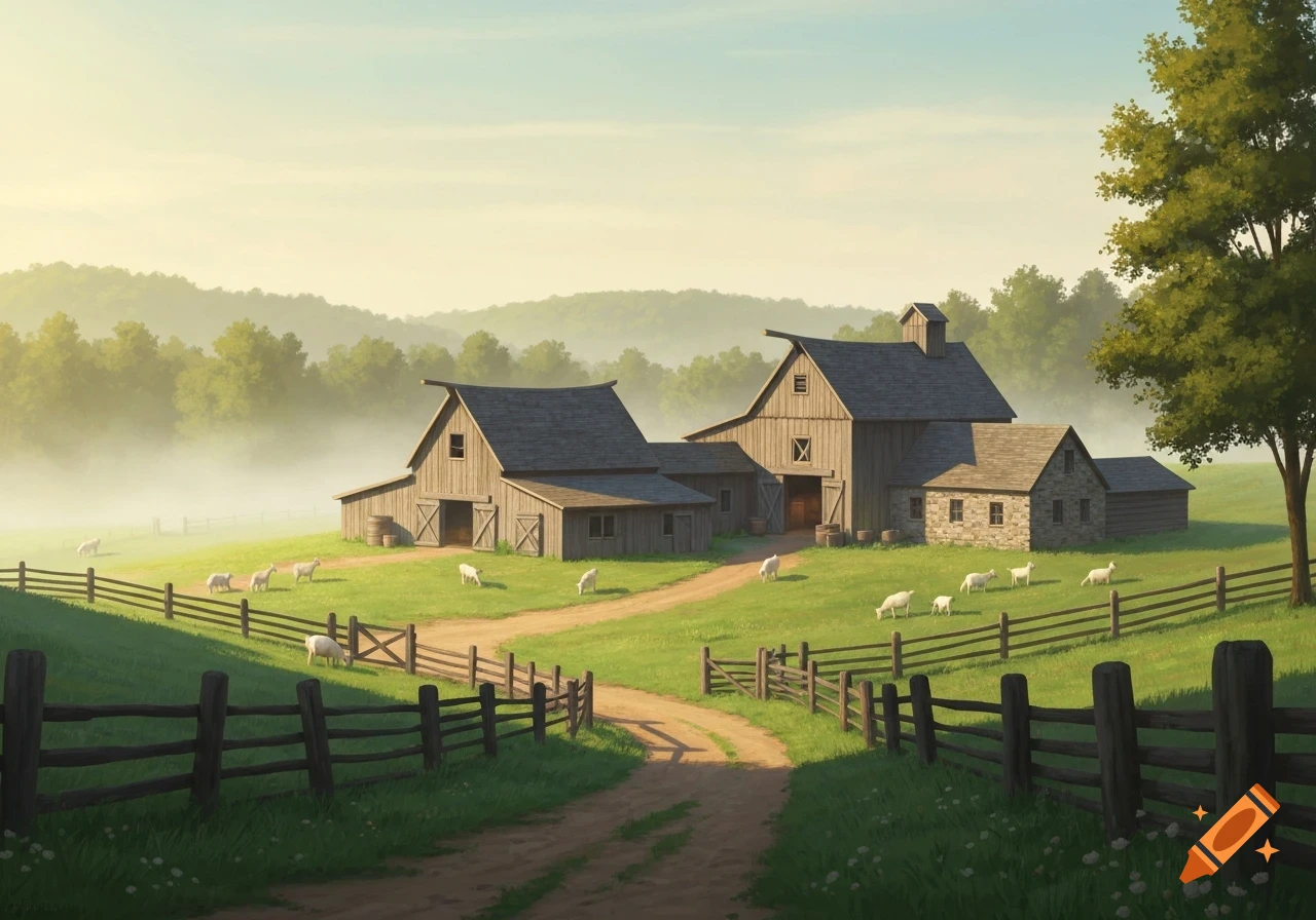 An illustrative farm scene featuring barns, sheep grazing in green fields, and a dirt path winding through fences, set against misty hills.